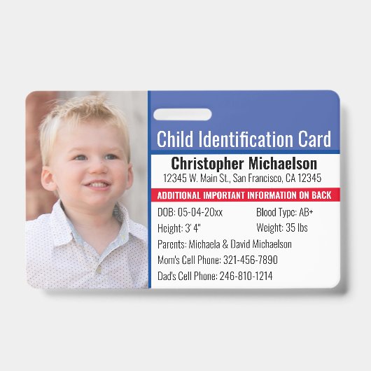 Kind-ID-Identifikation Notfallallergie-Foto Ausweis (Vorderseite)
