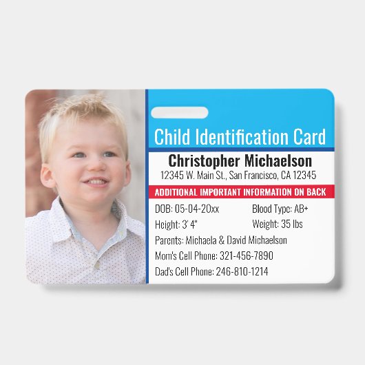 Kind-ID-Identifikation Notfallallergie-Foto Ausweis (Vorderseite)