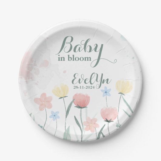 Kind in blühenden Aquarellfarben-Wildblumen Pappteller (Vorderseite)