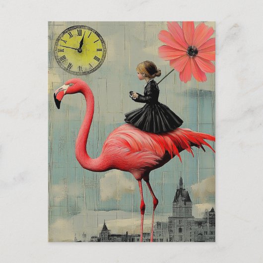 Kind in einem schwarzen Kleid fährt auf einem rosa Postkarte (Vorderseite)