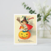 Kind in Hexenkostüm auf geschnitztem Kürbis, Vinta Postkarte (Stehend Vorderseite)