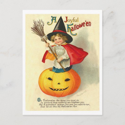 Kind in Hexenkostüm auf geschnitztem Kürbis, Vinta Postkarte (Vorderseite)