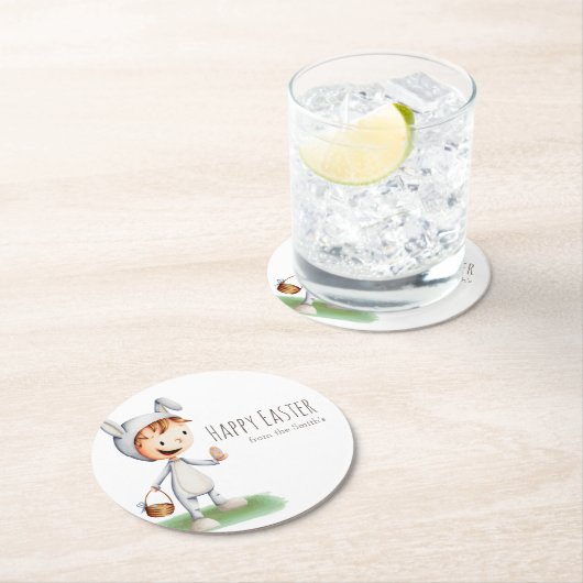 Kind in Ostern Bunny Costume Ei Jagd Personalisier Runder Pappuntersetzer (Vor Ort)