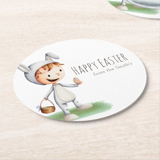 Kind in Ostern Bunny Costume Ei Jagd Personalisier Runder Pappuntersetzer (Angewinkelt)