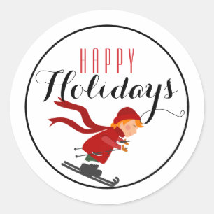 Kind in Red Skier Happy Holiday / White Runder Aufkleber