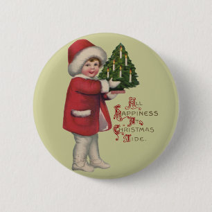 Kind mit Christbaum Vintage Illustration Kunst Button