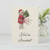 Kind mit Christbaum Vintage Illustration Kunst Einladung (Stehend Vorderseite)