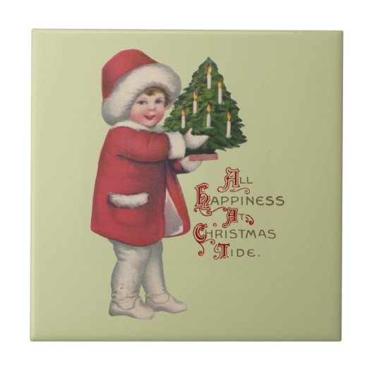 Kind mit Christbaum Vintage Illustration Kunst Fliese (Vorderseite)