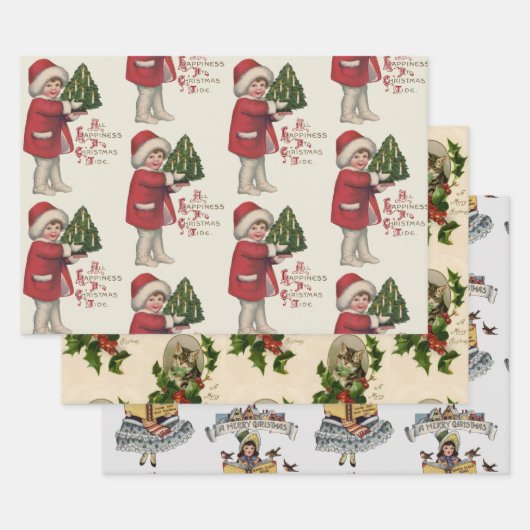 Kind mit Christbaum Vintage Illustration Kunst Geschenkpapier Set (Set)