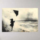 Kind mit Drachen am Meer in Kohle Kunst Poster (Vorne)