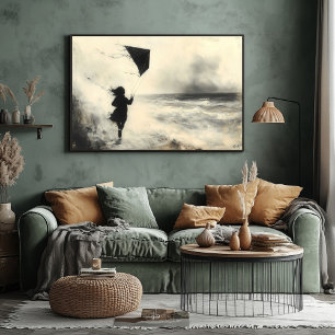 Kind mit Drachen am Meer in Kohle Kunst Poster