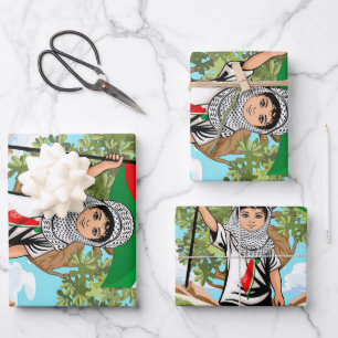 Kind mit Keffiyeh Palästina-Flagge und Olivenbaum Geschenkpapier Set