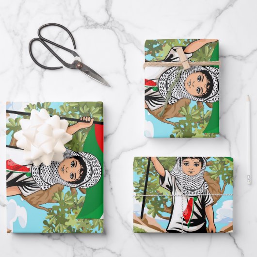 Kind mit Keffiyeh Palästina-Flagge und Olivenbaum Geschenkpapier Set (Vorderseite)
