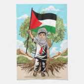 Kind mit Keffiyeh Palästina-Flagge und Olivenbaum Geschirrtuch (Vertikal)