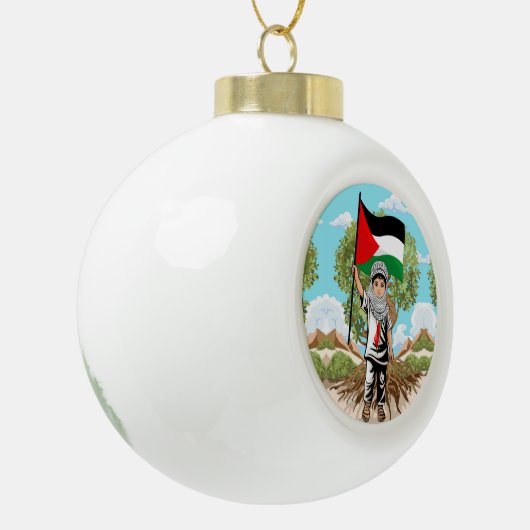 Kind mit Keffiyeh Palästina-Flagge und Olivenbaum Keramik Kugel-Ornament (Links)