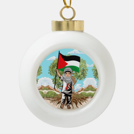 Kind mit Keffiyeh Palästina-Flagge und Olivenbaum Keramik Kugel-Ornament (Vorderseite)