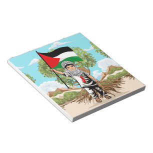 Kind mit Keffiyeh Palästina-Flagge und Olivenbaum Notizblock