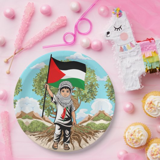 Kind mit Keffiyeh Palästina-Flagge und Olivenbaum Pappteller (Party)