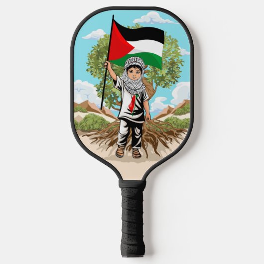 Kind mit Keffiyeh Palästina-Flagge und Olivenbaum Pickleball Schläger (Vorderseite)