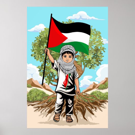 Kind mit Keffiyeh Palästina-Flagge und Olivenbaum Poster (Vorne)