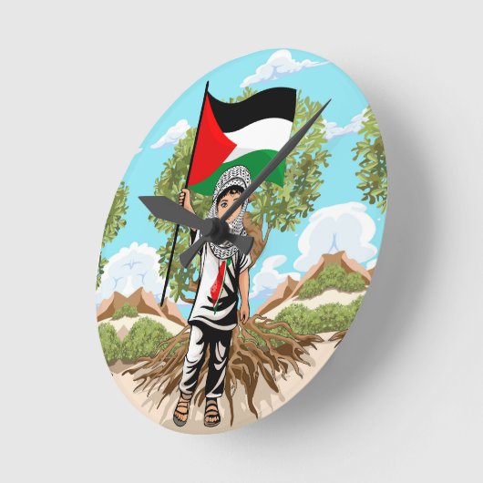 Kind mit Keffiyeh Palästina-Flagge und Olivenbaum Runde Wanduhr (Winkel)