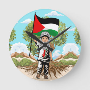 Kind mit Keffiyeh Palästina-Flagge und Olivenbaum Runde Wanduhr