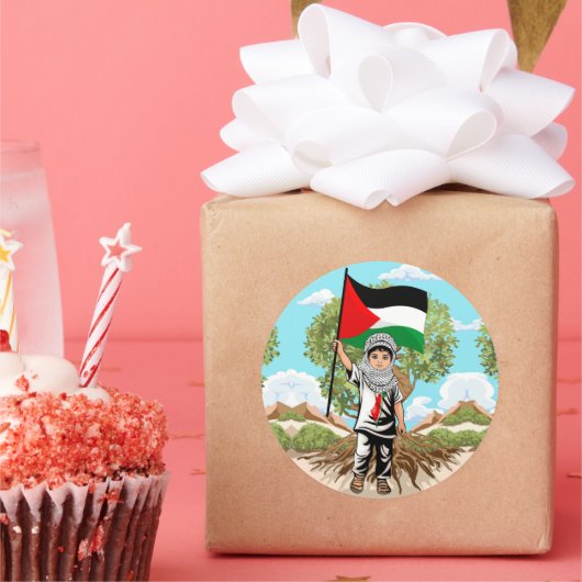Kind mit Keffiyeh Palästina-Flagge und Olivenbaum Runder Aufkleber (Party)