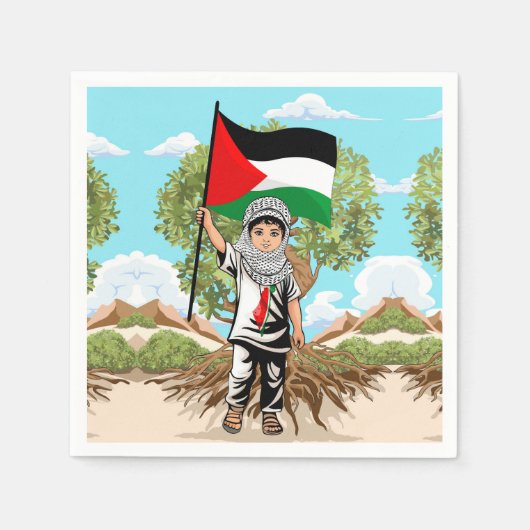 Kind mit Keffiyeh Palästina-Flagge und Olivenbaum Serviette (Vorderseite)