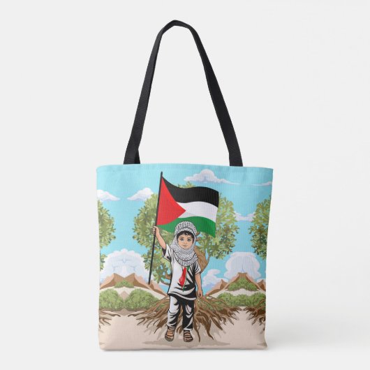 Kind mit Keffiyeh Palästina-Flagge und Olivenbaum Tasche (Rückseite)