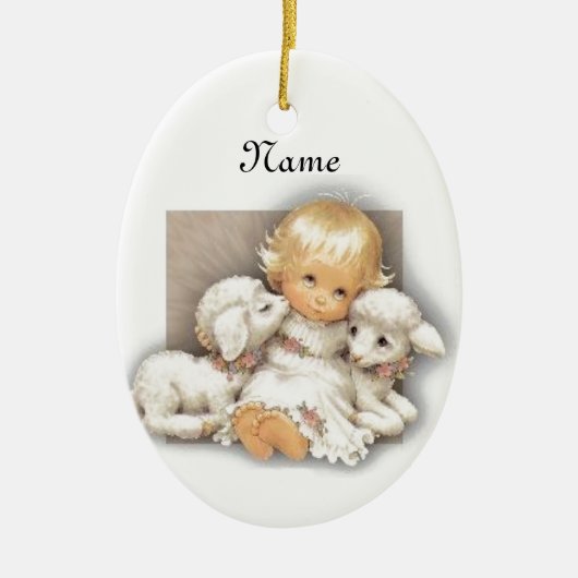 Kind mit Lamm Keramik Ornament (Vorne)