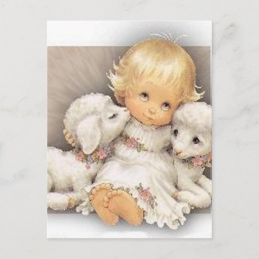 Kind mit Lämmern Postkarte (Vorderseite)