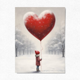 Kind mit Luftballonherz, Süße Winter Szene Postkarte