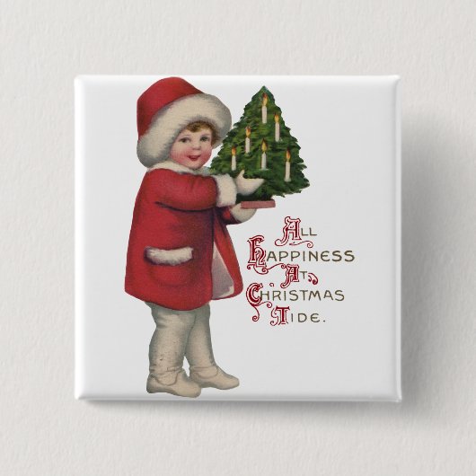 Kind mit Weihnachtsbaum Vintage-Illustrationskunst Button (Vorderseite)