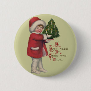 Kind mit Weihnachtsbaum Vintage-Illustrationskunst Button