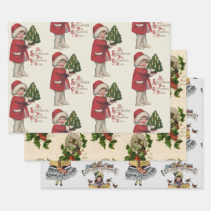 Kind mit Weihnachtsbaum Vintage-Illustrationskunst Geschenkpapier Set