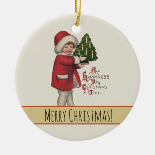 Kind mit Weihnachtsbaum Vintage-Illustrationskunst Keramik Ornament