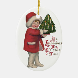 Kind mit Weihnachtsbaum Vintage-Illustrationskunst Keramik Ornament