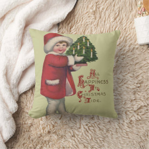 Kind mit Weihnachtsbaum Vintage-Illustrationskunst Kissen