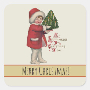 Kind mit Weihnachtsbaum Vintage-Illustrationskunst Quadratischer Aufkleber