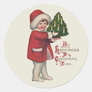 Kind mit Weihnachtsbaum Vintage-Illustrationskunst Runder Aufkleber