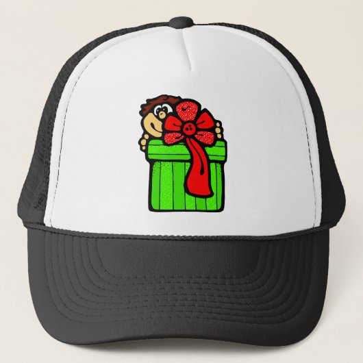 Kind mit Weihnachtsgeschenk Truckerkappe (Vorderseite)