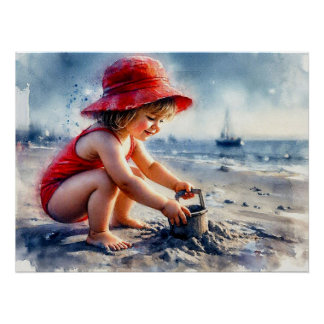Kind spielt auf sonnigem Strand, Poster