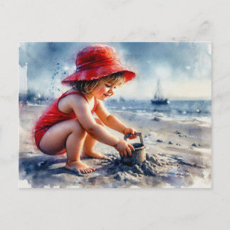 Kind spielt auf sonnigem Strand, Postkarte