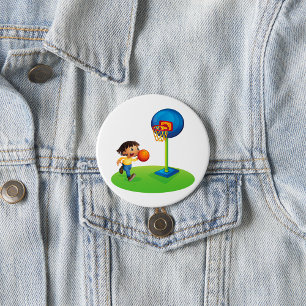Kind spielt Basketball mit Korb Spaß Sport Button