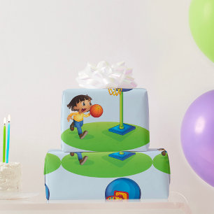 Kind spielt Basketball mit Korb Spaß Sport Geschenkpapier