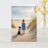 Kind und Hund am Strand Karte (Gelbe Blume)