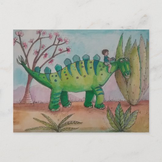 Kind und sein Haustier Dinosaurier Postkarte (Vorderseite)