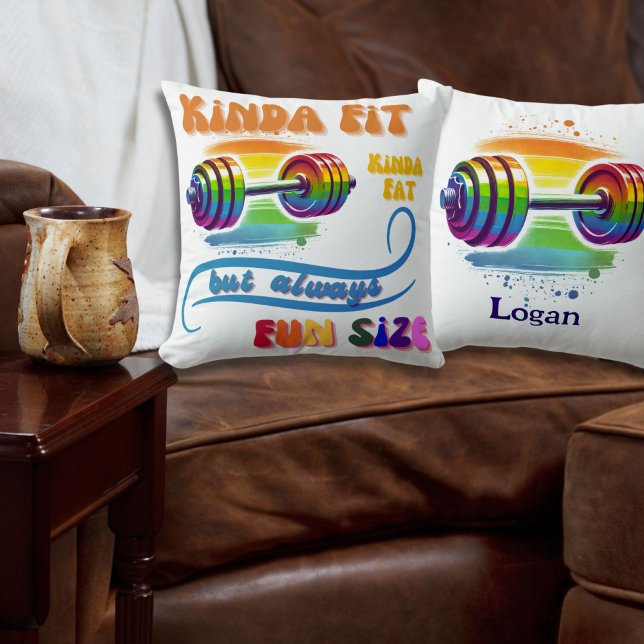 Kinda Fit Funny Fitness Rainbow Throw Kissen (Funny Fitness Gym Throw Pillow with Rainbow Barbell, Customize with Name or Message on Back)