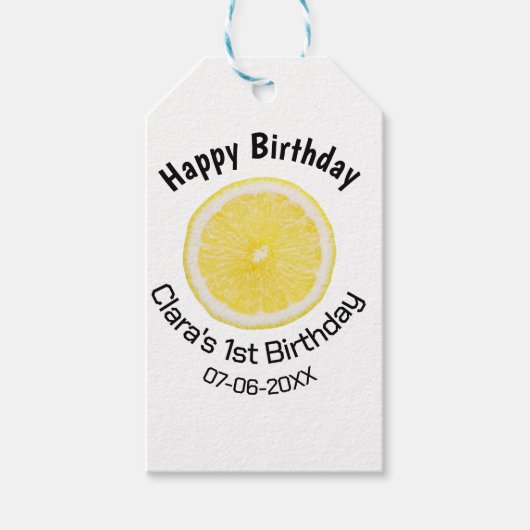Kinder 1 Geburtstag Zitronenscheibe Name Datum m Geschenkanhänger (Vorderseite)