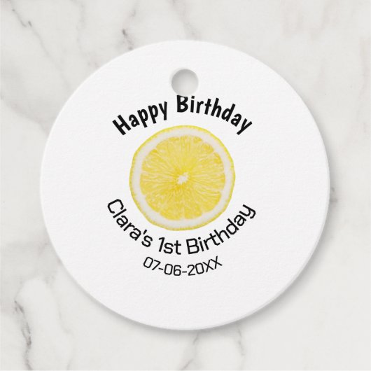 Kinder 1 Geburtstag Zitronenscheibe Name Datum m Geschenkanhänger (Vorderseite)